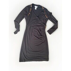 Carmen Marc Valvo Sheath Dress Navy Blue Faux Leather Lace Up Size Large